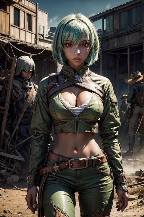 emeraldsustrai, emerald sustrai, short hair, (red eyes:1.5), green hair, dark skin, dark-skinned female, navel, cleavage, midriff, belt, cleavage cutout, chaps, standing, broken suspension bridge, near old steam train, post-apocalypse, dystopian future, cr...