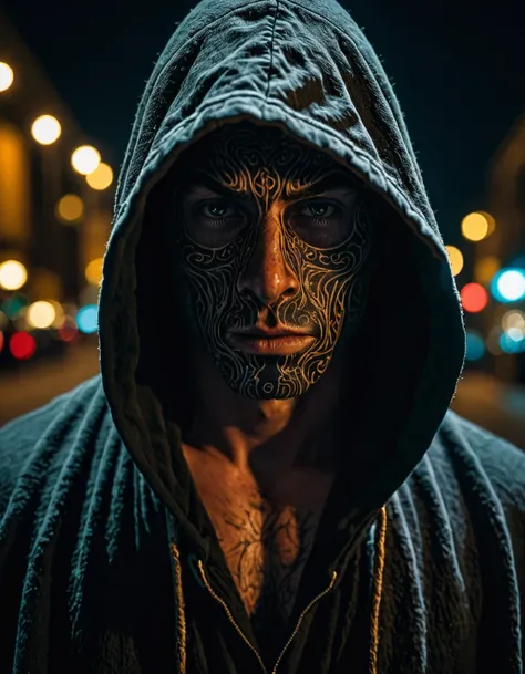 raw photography, a mysterious hooded stranger in the middle of the night, detailed skin with visible pores, insane details, work of art, 8K, hdr, Hyper-Realism, 35mm photography, dslr, Kodacromo, ray tracing