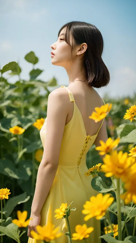 Tall sunflower field、Beauty、See-through dress、The wind is blowing