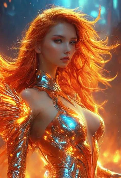 a beautiful cyber phoenix, medium hair, beautiful body, fiery wings, wearing a futuristic fiery suit 

an extremely delicate and beautiful, extremely detailed, 8k wallpaper, Amazing, finely detail, small breasts, extremely detailed beautiful girl, extremel...