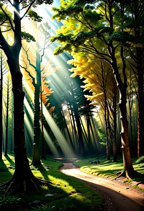 a forest with sunbeams filtering through the trees.