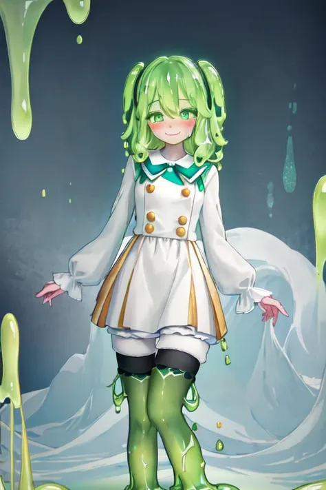 a beautifully detailed slime girl with luminous green eyes, blushing cheeks, and a warm smile, standing gracefully in a masterpiece-level illustration, ultra-detailed and high-resolution, 1girl, kneesocks