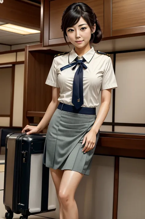 realistic,(ultra quality:1.2),high quality,masterpiece,(ultra detailed:1.4),japanese girl,beautiful face,cabin attendant, skirt,...