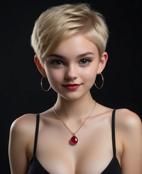 An extremely tiny, thin, petitie, extremely young-looking, teenage female, with an extremely stacked body, extremely huge breasts, pixie-cut blonde hair, Braces, large hoop earrings, necklace with ruby pendant, completely naked, pitch black background