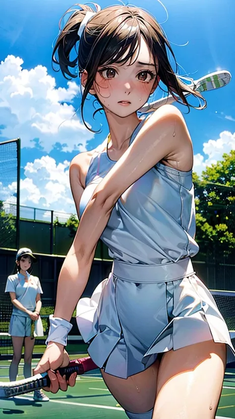 describe a woman in a white tennis outfit, swinging a tennis racket with a determined expression on her face as she hits the bal...