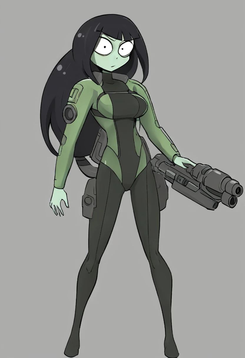 cartoon thin woman, long neck, long black hair, pale green skin, wearing a sci-fi diving suit. she is armed with an arm cannon