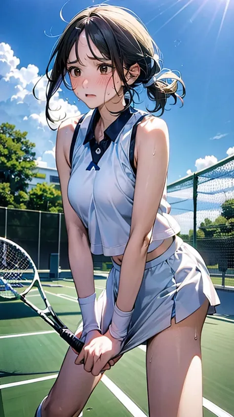 describe a woman in a white tennis outfit, swinging a tennis racket with a determined expression on her face as she hits the bal...