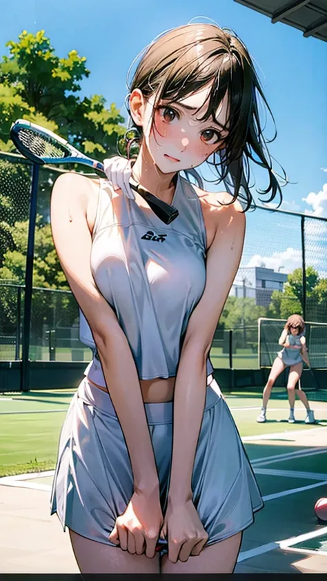 describe a woman in a white tennis outfit, swinging a tennis racket with a determined expression on her face as she hits the bal...