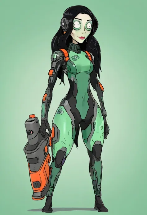 cartoon thin woman, long neck, long black hair, pale green skin, wearing a sci-fi diving suit. she is armed with an arm cannon