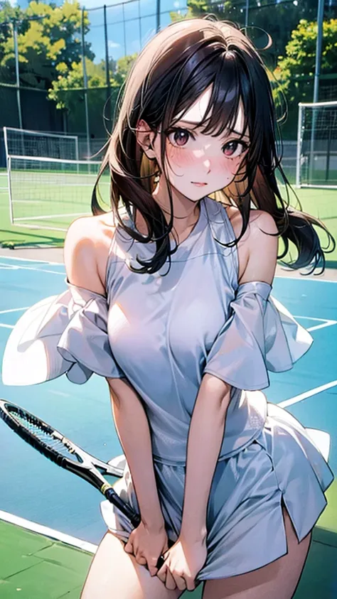 describe a woman in a white tennis outfit, swinging a tennis racket with a determined expression on her face as she hits the bal...