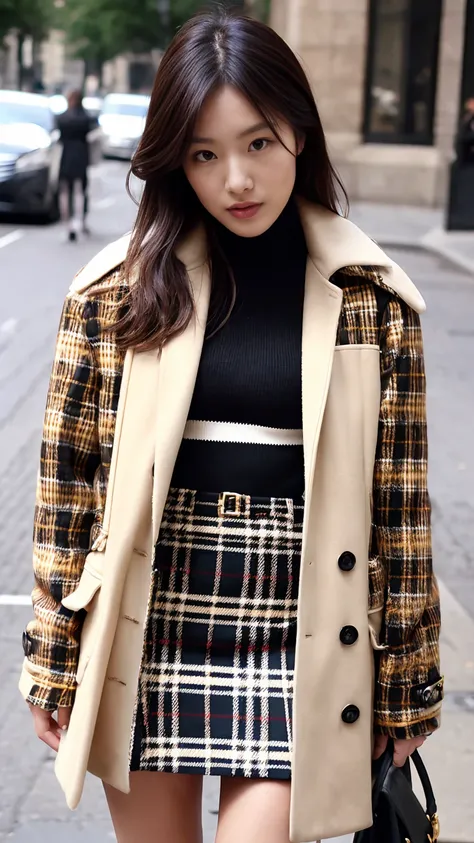 Tartan check mini skirt、Burberry style、Jacket on bare skin、adult