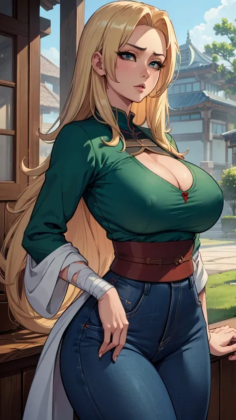 Tsunade, by rubio, huge breasts, mature woman, blue pants, green shelter, chest bandage (masterpiece:1.2, Best Quality:1.2, beautiful, high quality, high resolution:1.1, aesthetic), Detailed, extremely Detailed, soft ambient lighting, 4k, perfect lighting
