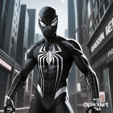 Spider-Black,a Spider-Man in a black and white uniform,night background.