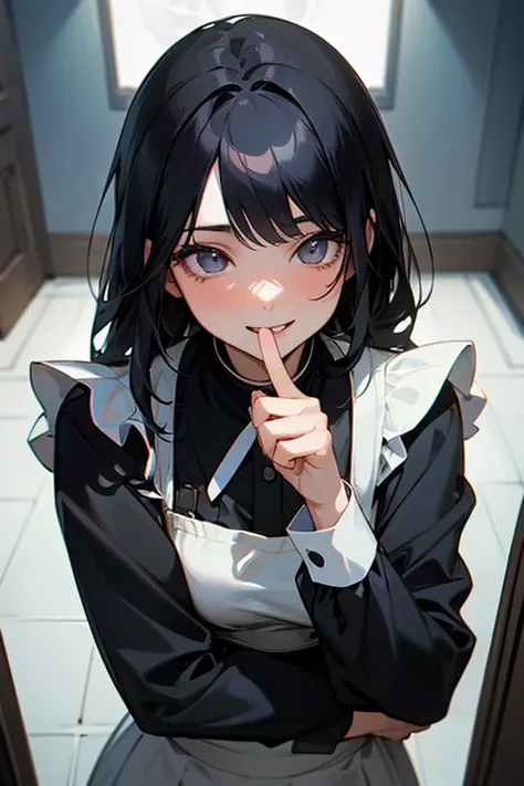 (Highest Resolution, clear_image) Highest quality, One woman, alone, masterpiece, Very detailed, Semi-realistic, Black Hairのショートヘア, Black Hair, bangs, 18-year-old, mature, light blue uniform, uniform, Indoor Background, kind, Authoritative, Powerful, exqui...