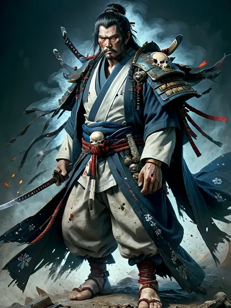 digital painting, 32k, 8K, high-resolution, 1man, mature Japanese man, samurai warrior, heavy armor, ((very intricate)), blue and white kimono with beautiful patern, shaded eyes that gaze, loose hair, belt, ((long braided hair)), blood stains, ((hood)), to...