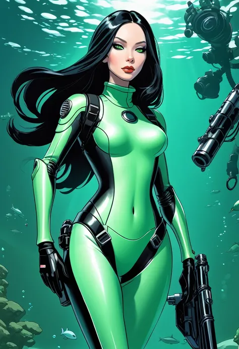 cartoon thin woman, long neck, long black hair, pale green skin, wearing a sci-fi diving suit. she is armed with an arm cannon