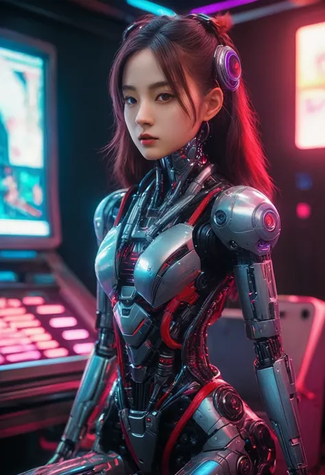 xxmixgirl. Highly detailed professional 35mm film, bokeh, face in sharp focus. A robotic female, Miku, with ((metal skin)), ((perfect Asian eyes)) with magenta irises and ((black pupils)), beautiful serious (detailed face), 18 year old ((photorealistic fac...