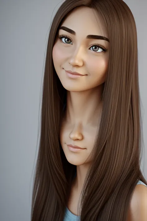 image of a cartoon face of a girl with not so long hair, thin almond eyes . looking ahead .A pen in 3d