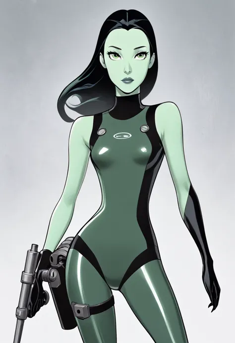 cartoon thin woman, long neck, long black hair, pale green skin, wearing a sci-fi diving suit. she is armed with an arm cannon, on her suit by her waist are some small gray circles 