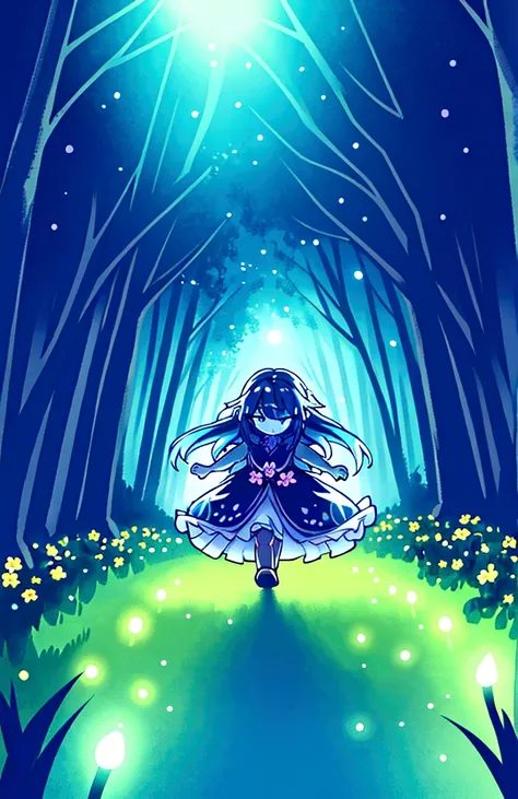 a little girl running through a magical forest at night, colorful flowers along the path, happy and carefree expression, moonlight illuminating the scene, detailed facial features, long flowing hair, intricate dress, photorealistic, cinematic lighting, vib...