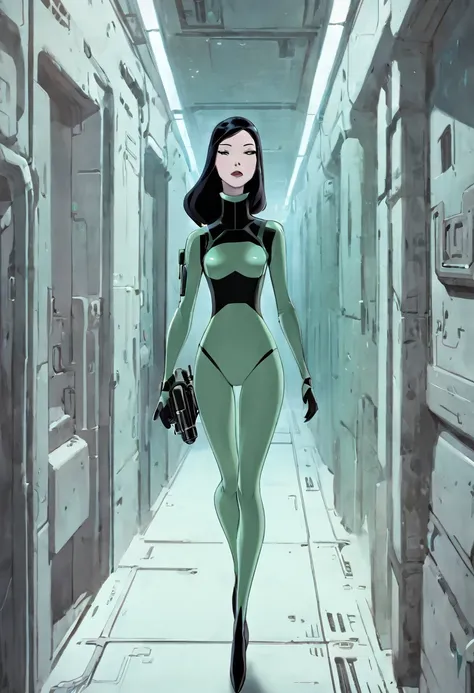 cartoon thin woman, long neck, long black hair, pale green skin, wearing a sci-fi diving suit. she is armed with an arm cannon. She is breathing heavily walking down a dark sci-fi corridor 