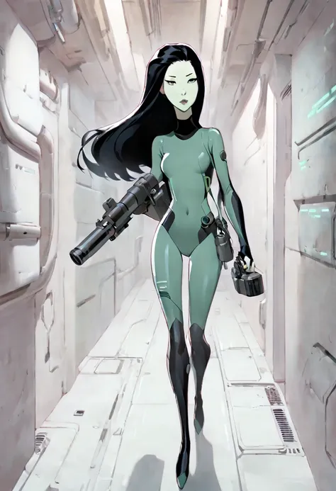 cartoon thin woman, long neck, long black hair, pale green skin, wearing a sci-fi diving suit. she is armed with an arm cannon. She is breathing heavily walking down a dark sci-fi corridor 