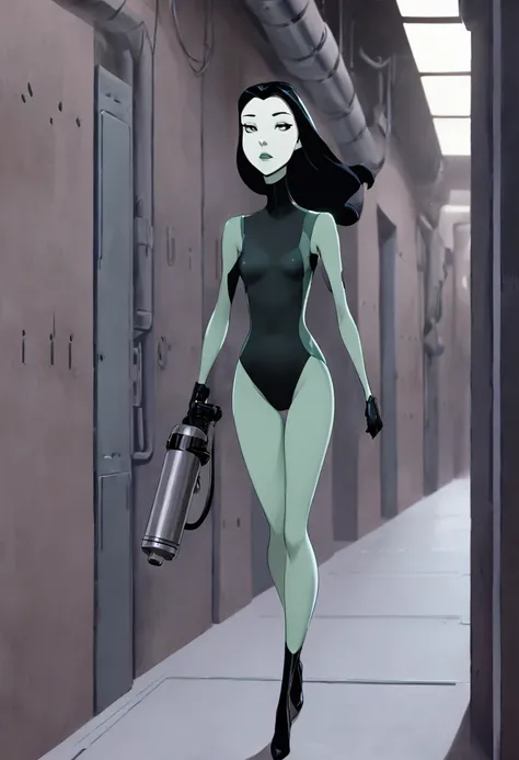 cartoon thin woman, long neck, long black hair, pale green skin, wearing a sci-fi diving suit. she is armed with an arm cannon. She is breathing heavily walking down a dark sci-fi corridor 