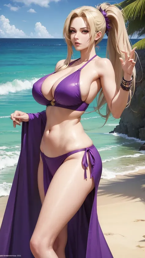 Tsunade, by rubio, huge breasts, mature woman, with a purple bikini on the beach showing her big breasts
