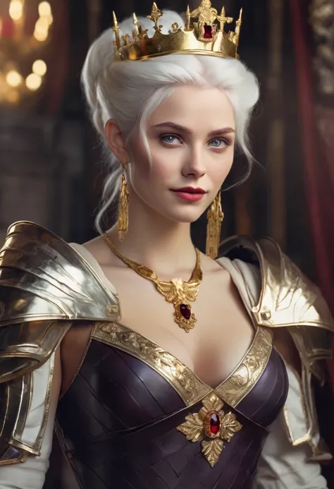 Woman with white hair and light violet eyes, very white skin, has a mini updo in her hair with a gold crown with rubies, has natural red lips with a mini smile, is too beautiful, has a black dress with red and the The dress has a deep neckline on the chest...