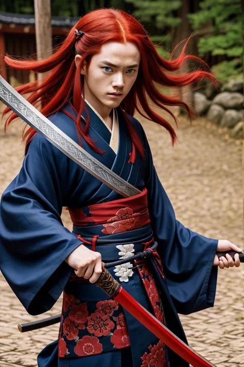 Long red hair man, Blue eyes, with a kimono, Japanese, with a katana. The last Kimetsu no Yaiba. 