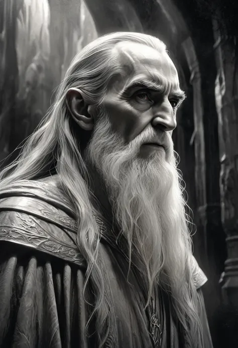 stunning black and white graphite sketch of Saruman, evil, up close shot, from The Lord Of The Rings trilogy, in dynamic pose, by Anna Razumovskay, (by Alyssa Monks:1.1), by Joseph Lorusso, by Lilia Alvarado, beautiful lighting, sharp focus, 8k, high res, ...