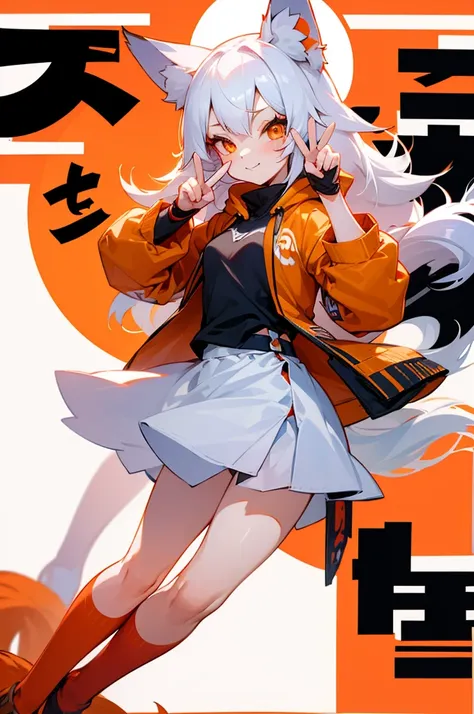 1girl,  body, small breast, fox girl, fox ears, kitsune, kitsune tails, white hair long, hair, hoodie, cute pose, kawaii, cute pose, peace sign hands, winking, plain background, white background, half body composition, standing pose