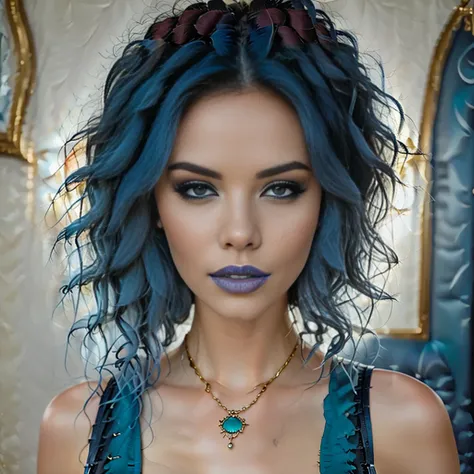 a close-up of a woman with blue hair and a necklace, a digital painting, inspired by hedi xandt, trends bei cg society, digital ...