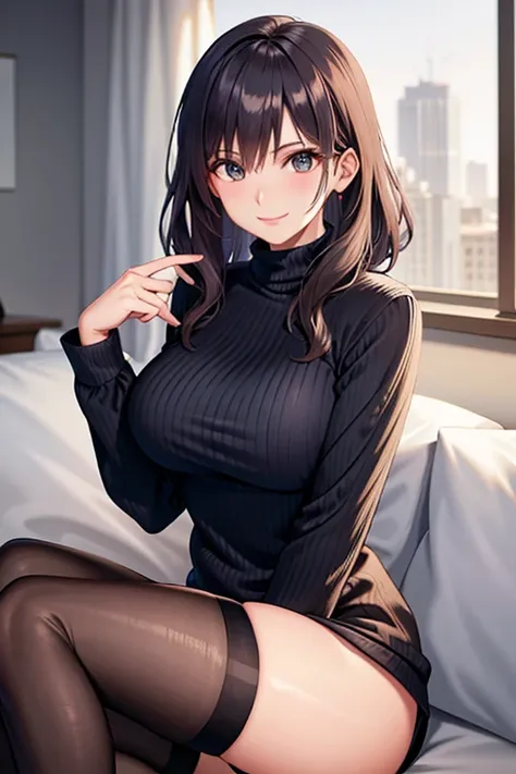 Practical, Miss, Turtleneck sweater wearing, Garter, Sexy pose, Smiling Face