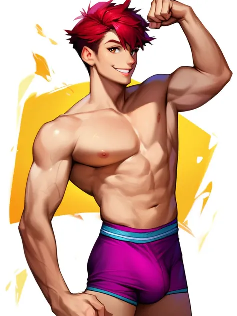 score_9, score_8_up, score_7_up, score_6_up, boy, red hair, short hair, hair down, bangs, smiling, shirtless, purple briefs, cool, front, fit, huge bulge, flexing, looking at viewer, simple white background, concept art, RinotunaYei, 