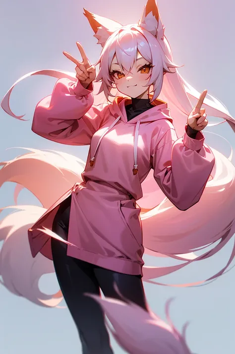 1girl,   body, small breast, fox girl, fox ears, kitsune, kitsune tails, white hair long, hair, flowy hair, prtty girl, pink hoodie, cute pose, kawaii, cute pose, peace sign hands, winking, plain background, white background, half body composition, standin...