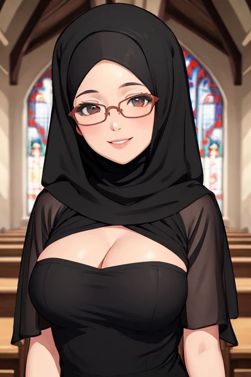 glasses, church, hijabi, cleavage, (best quality, masterpiece, RAW photo,ultra-detailed:1.2), 1girl ,looking at viewer, smile,;D,