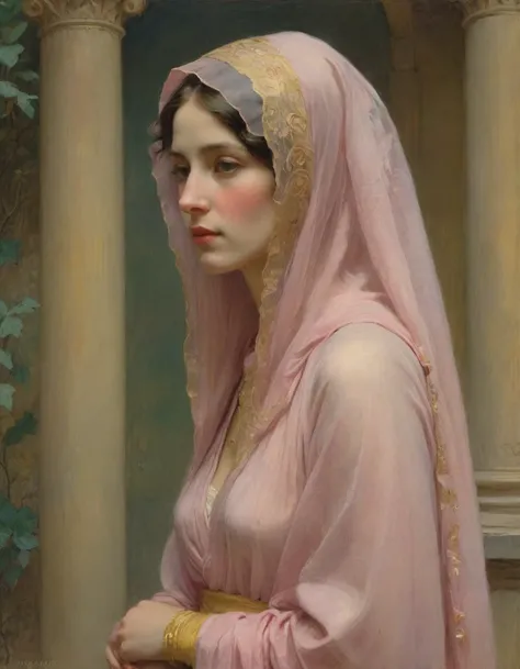 Masterpiece, ((realistic)), (propaganda poster), (((by James McNeill Whistler))), (((by Moebius Jean Giraud))), ((((profile portrait of a veiled roman woman, young, priestess, dignified, wearing pink and yellow silken robes, detailed moth and rose elements...