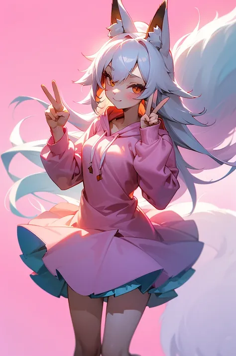 1girl,   body, small breast, fox girl, fox ears, kitsune, kitsune tails, white hair long, hair, flowy hair, prtty girl, pink hoodie, cute pose, kawaii, cute pose, peace sign hands, winking, plain background, white background, half body composition, standin...