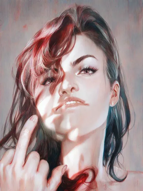 hyperrealistic & hypperdetail girl a middle finger, uncropped unprocessed raw render, dark moody lighting, blue and red color palette,highly detailed,cinematic, dramatic, angry expression, minimalist