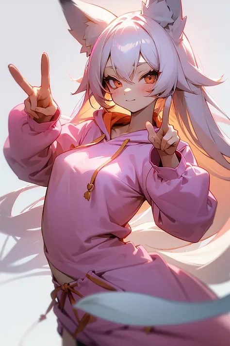 1girl,   body, small breast, fox girl, fox ears, kitsune, kitsune tails, white hair long, hair, flowy hair, prtty girl, pink hoodie, cute pose, kawaii, cute pose, peace sign hands, winking, plain background, white background, half body composition, standin...