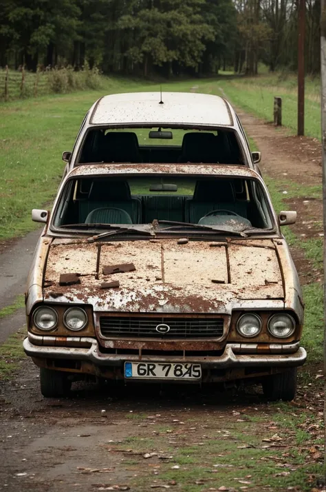 Derelict car with a birthday cake