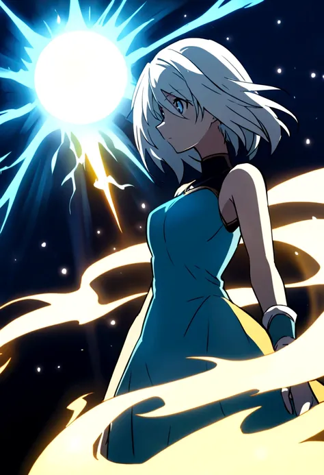 A 2D anime girl with sun-creating powers with short white hair