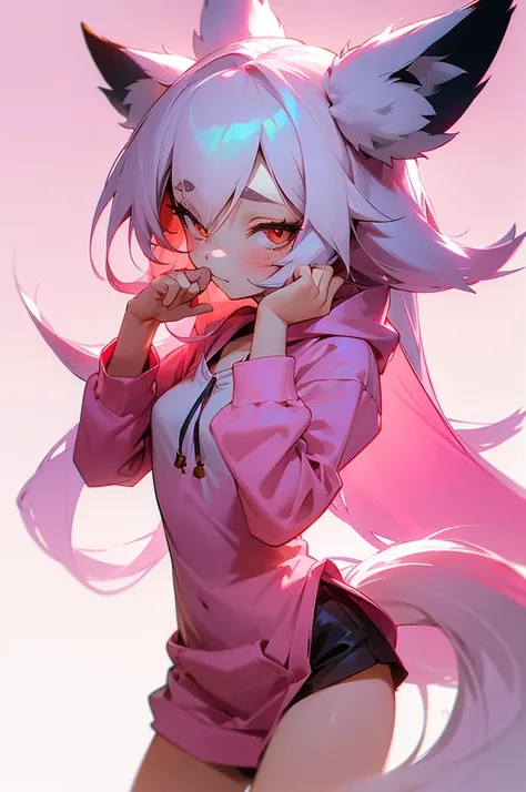 1girl,   body, small breast, fox girl, fox ears, kitsune, kitsune tails, white hair long, hair, flowy hair, prtty girl, pink hoodie, cute pose, kawaii, cute pose, winking, plain background, white background, half body composition, standing pose, soft color...