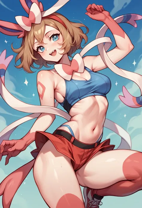 Pokemon trainer Serena doing a sexy Sylveon bodypaint cosplay