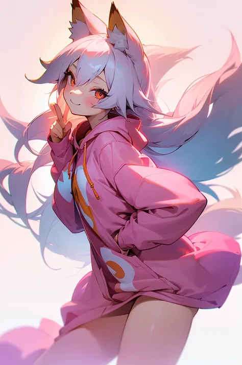 1girl,   body, small breast, fox girl, fox ears, kitsune, kitsune tails, white hair long, hair, flowy hair, prtty girl, pink hoodie, cute pose, kawaii, cute pose, winking, bending over, big smile, plain background, white background, half body composition, ...