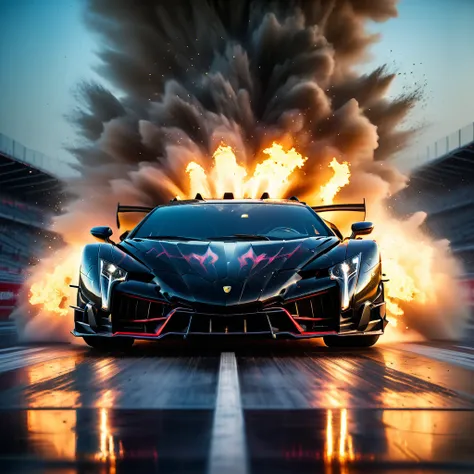 Amazing 3D views in a racetrack a highly detailed, photorealistic, 8k image of a lamborghini veneno, glossy black paint, intricate carbon fiber body, dynamic low angle view, dramatic lighting, cinematic composition, hyperrealistic details, in a big race, f...