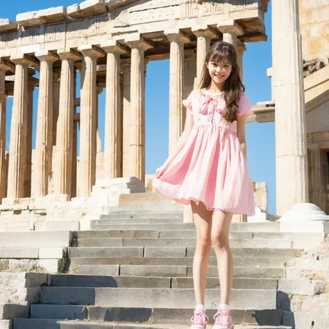 (masterpiece, highest quality:1.2), one girl, alone, pretty face, cute face, pale pink yellow clothing、in front of a greek templ...