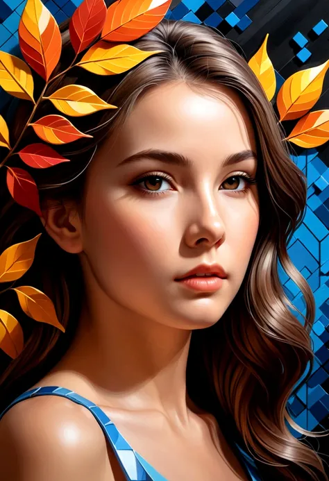 digital 3dpixel art,young lady leaves,abstract,professional painting