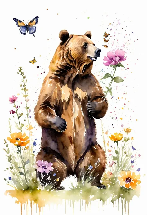 watercolor paint of a grizzlie bear playing with flower and butterflies